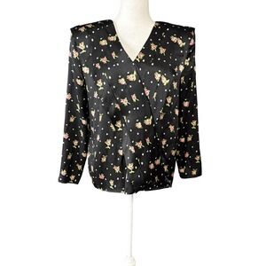 VINTAGE Oscar de la Renta Miss O Blouse Womens 6 Black Silk Floral Polka Dot 80s